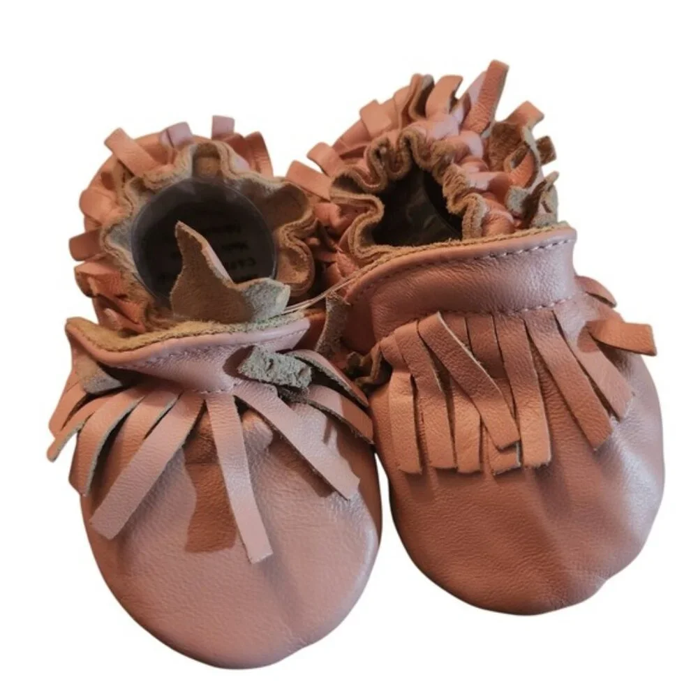 Tickle Toes Genuine Leather Baby Moccasins Pink Fringe 12 18 Months‎ New Gift